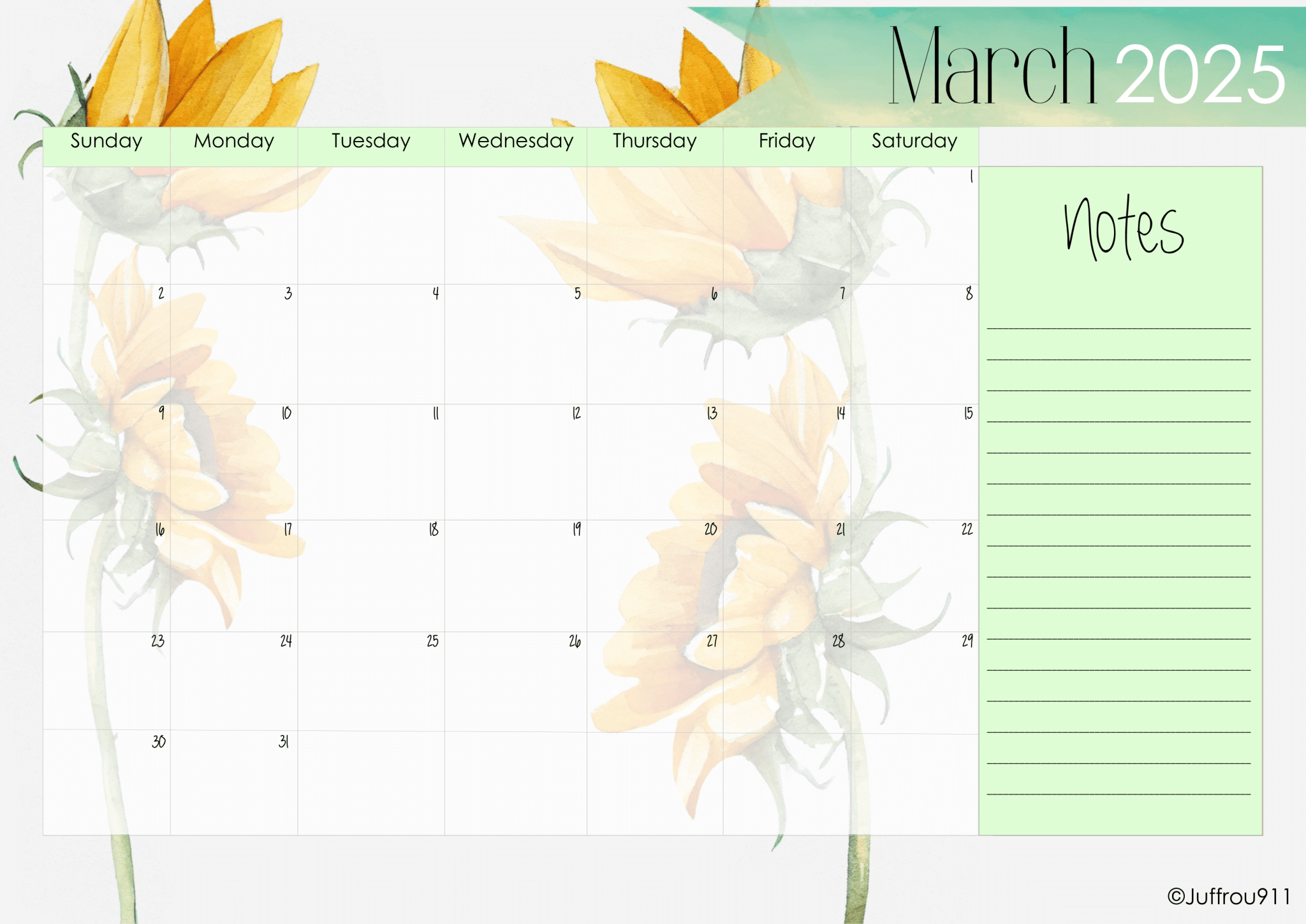 A3 Table calendar sunflower 2025 - Juffrou 911