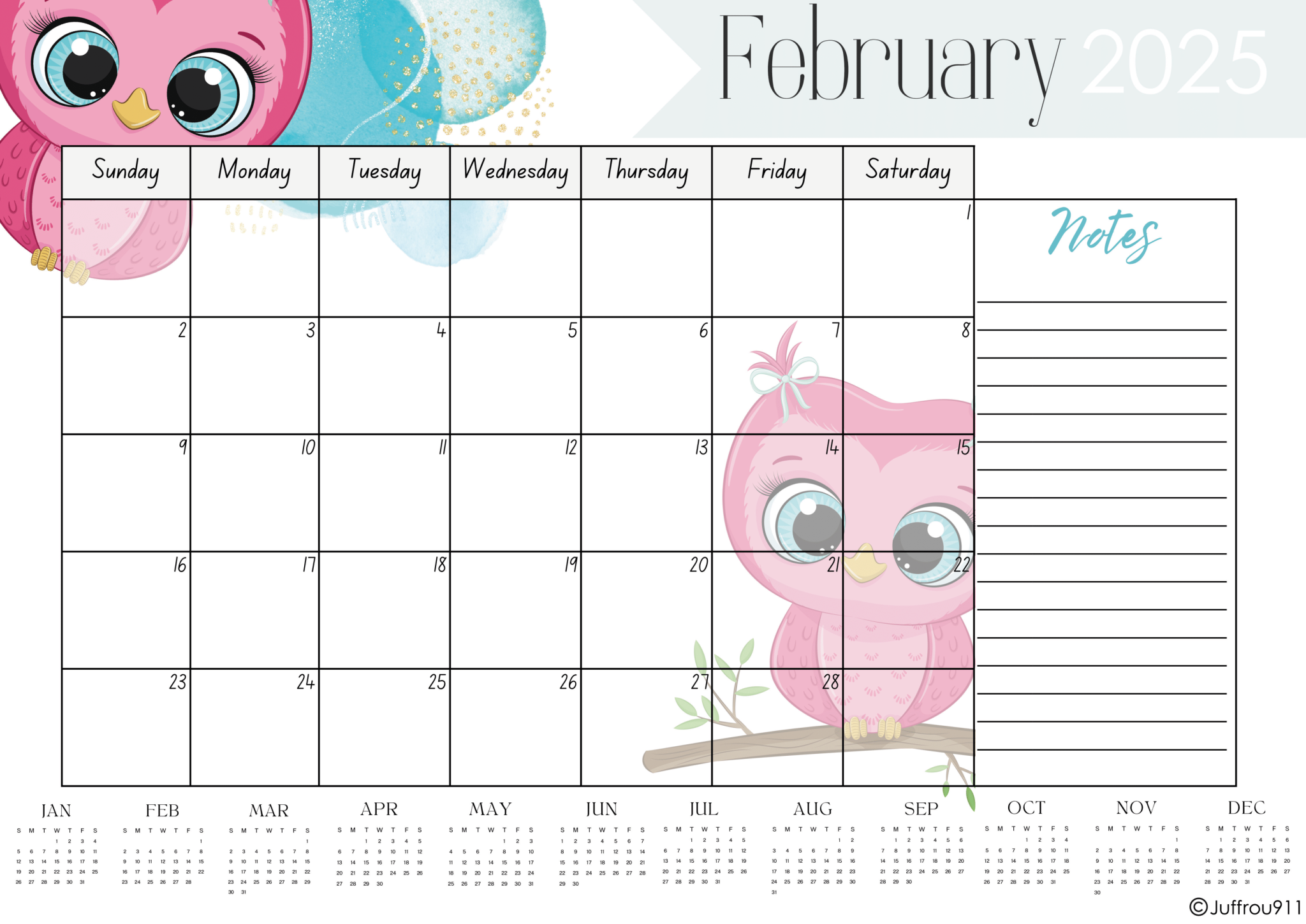 Owl Desk calendar A3 2025 Juffrou 911