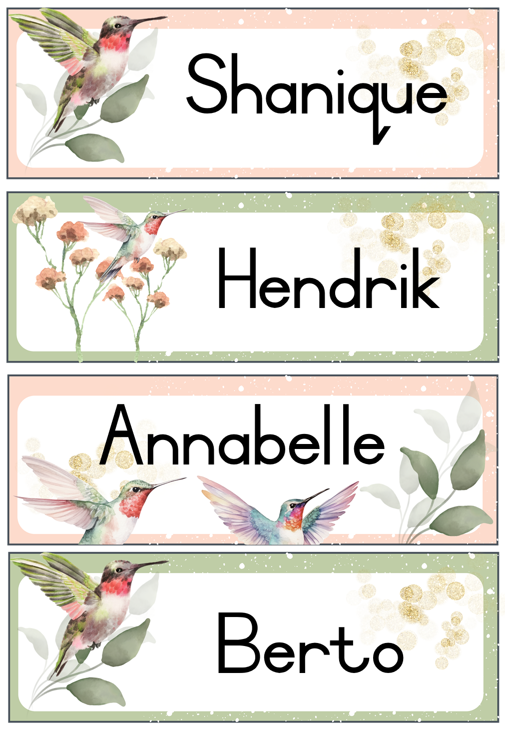 Hummingbird Editable Heading and Name cards